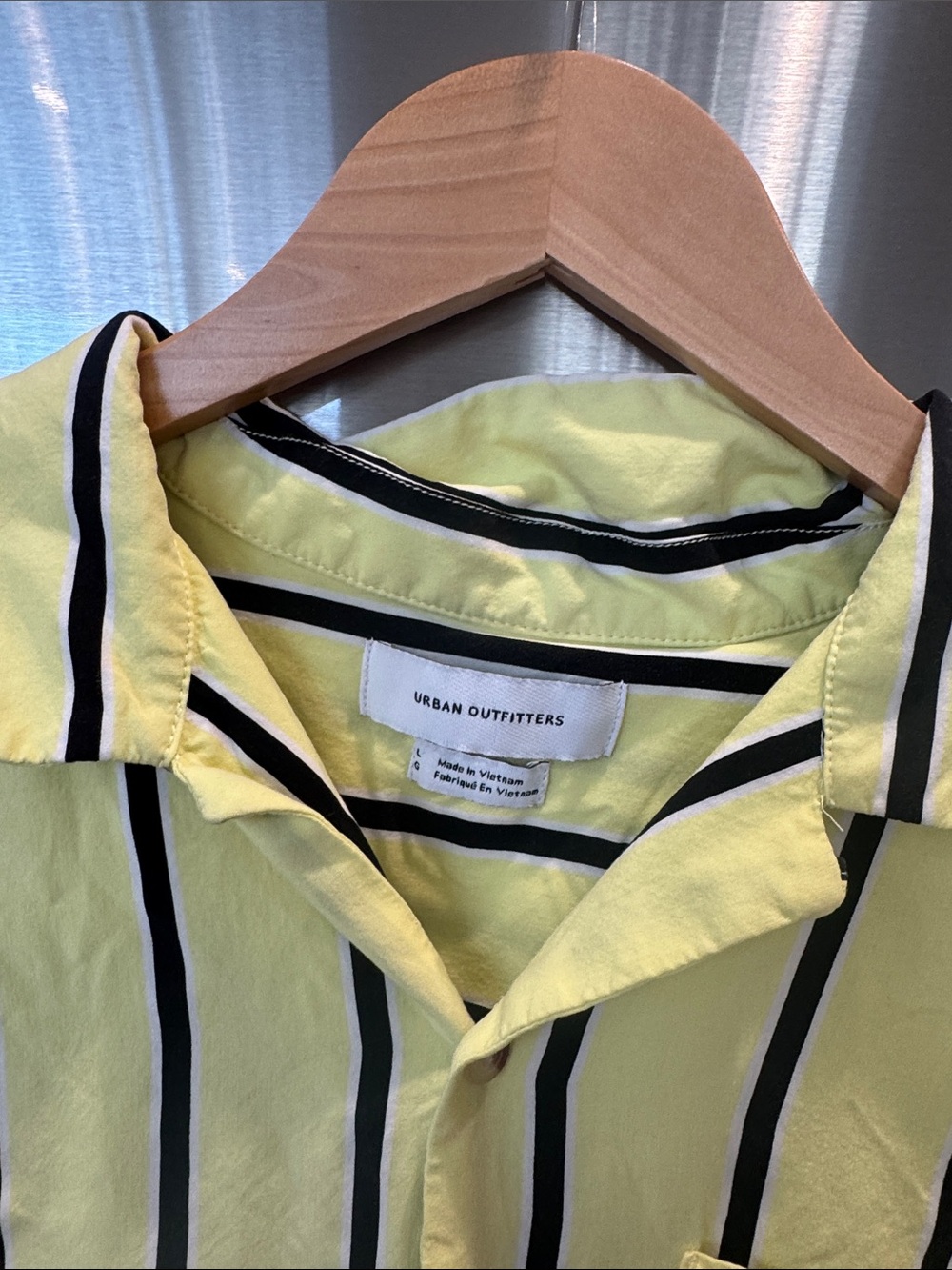 Women’s lime green/ Yellow Short-Sleeve Button-Up Shirt with Navy Stripes - Picture 5 of 5
